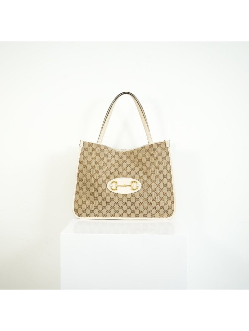 Gucci 1955 Horsebit Tote Bag GG Supreme Canvas White Leather